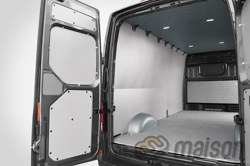 Фанерна обшивка стін фургона Crafter L4Н3 (LR, задній/повний привід 4 х 4, довга колісна база 4490мм, довжина вантажного відсіку 4300мм) ЛАМІНОВАНА, товщина 5 мм, висота H3, одинарні колеса